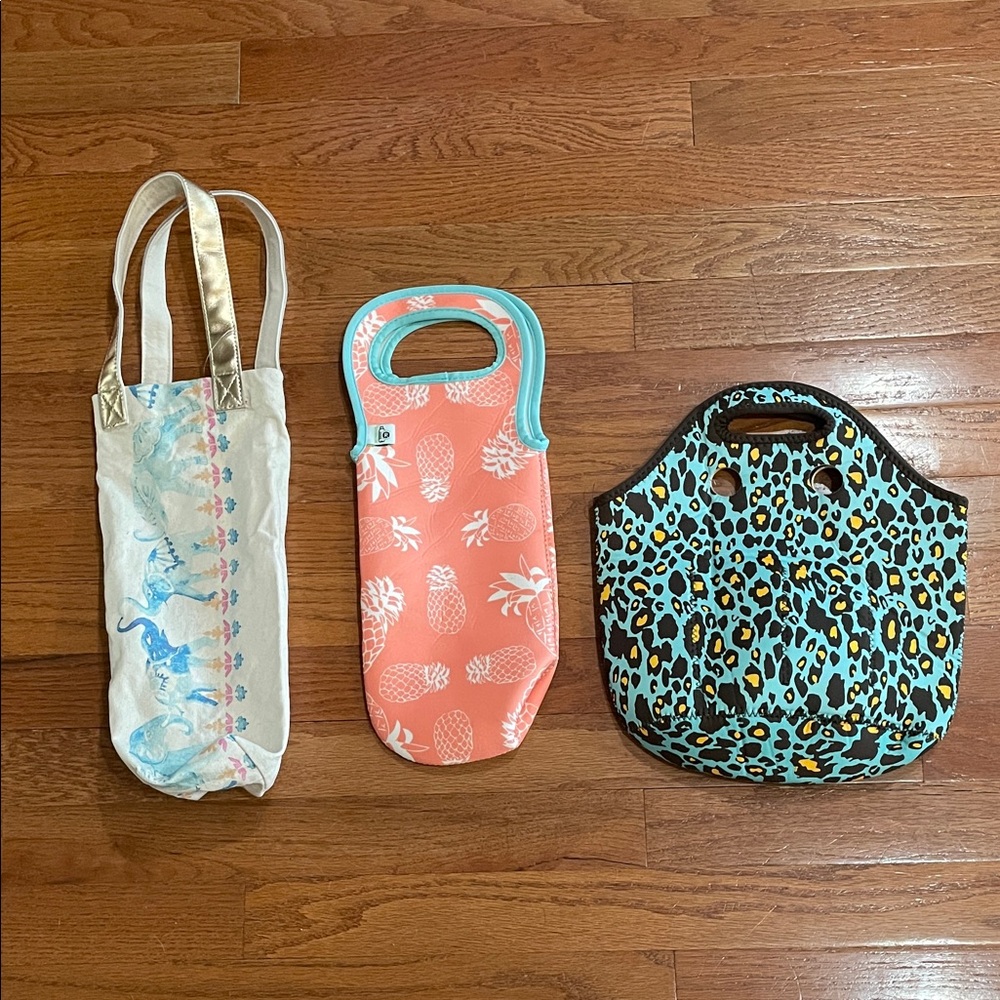 Bundle of 3 beverage/snack bags including a Chico's elephant design wine bag